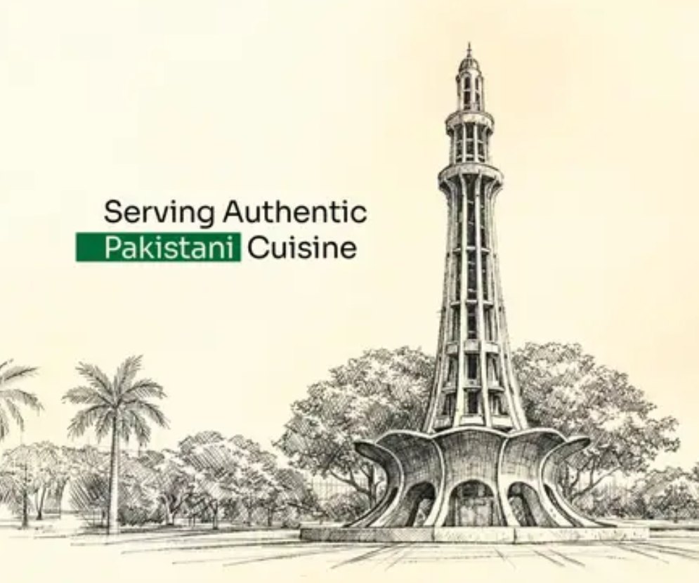 Sketch of Minar-e-Pakistan with the words Serving Authentic Pakistani Cuisine